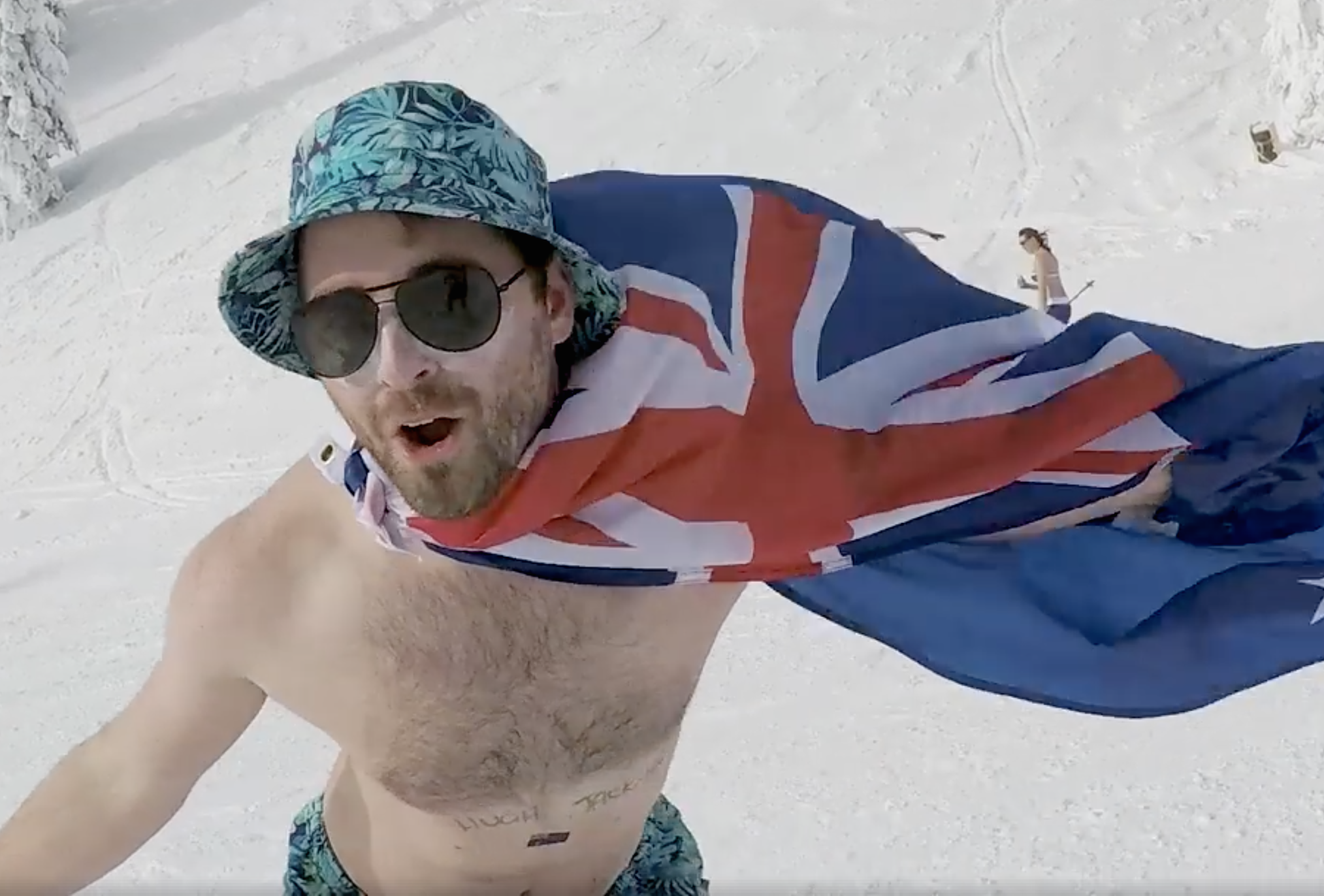 An Australian snowboarder with Australian Flag snowboarding on Australia day.